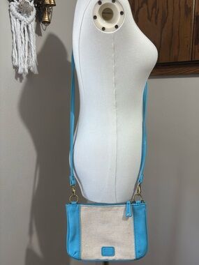 Fossil Blue Leather Cream Canvas Crossbody Shoulder Bag Purse Gold Hardware
